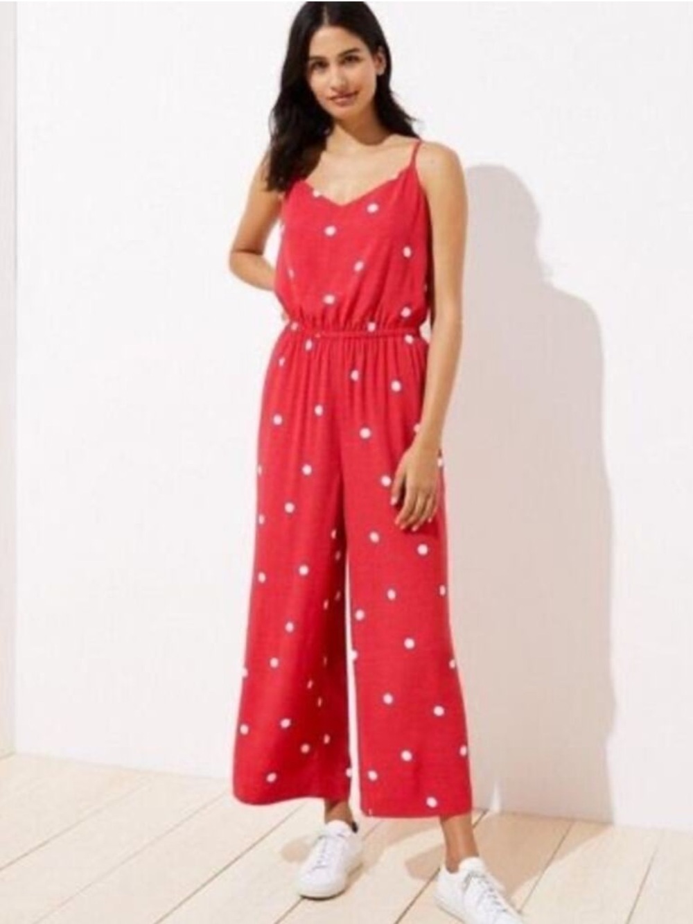LOFT Red Polka Dot Spaghetti Strap Jumpsuit